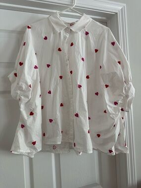 White Heart-Print Button-Down Shirt